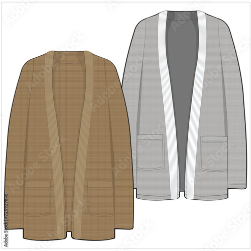 women's waffle sweater cardigan with two color variant stylized with two front large pocket. fashion flat sketch template. girl's  technical fashion illustration mockup template.