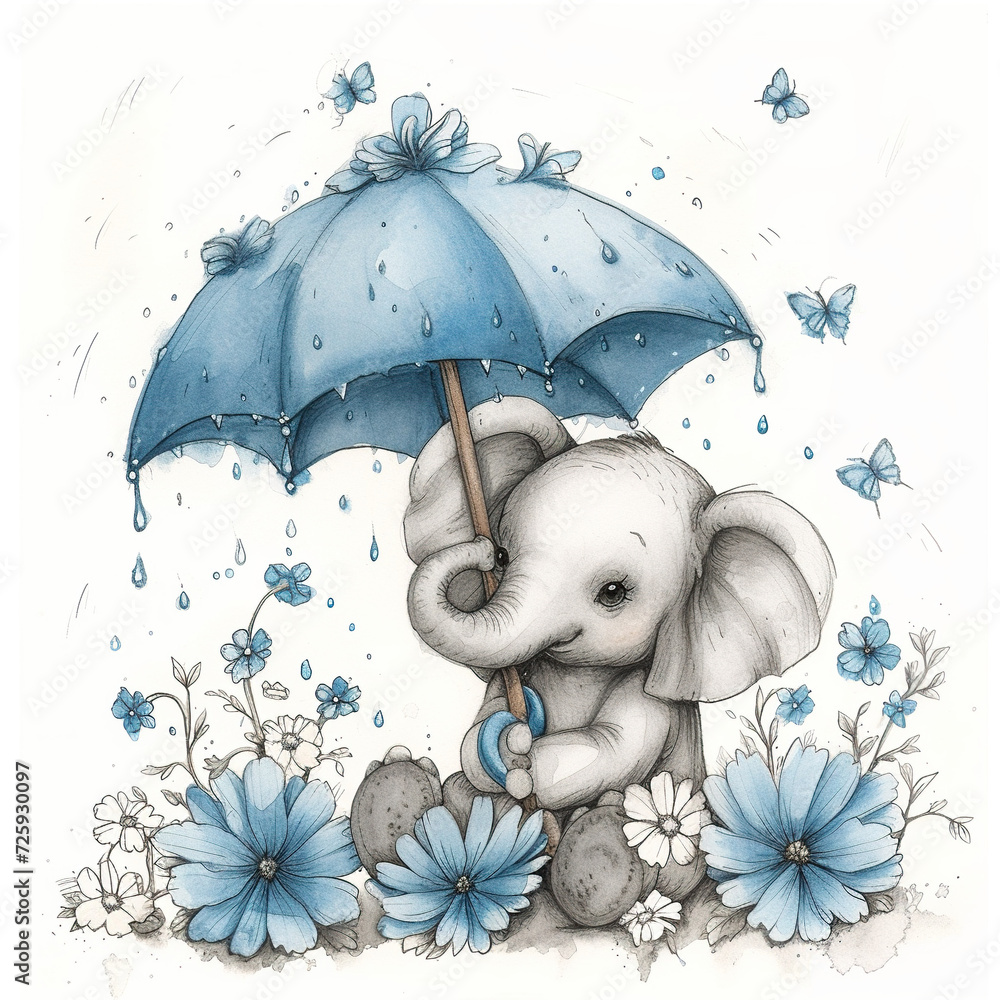 Obraz premium illustration of a cute baby elephant sitting on blue flowers and holding an umbrella in his trunk.