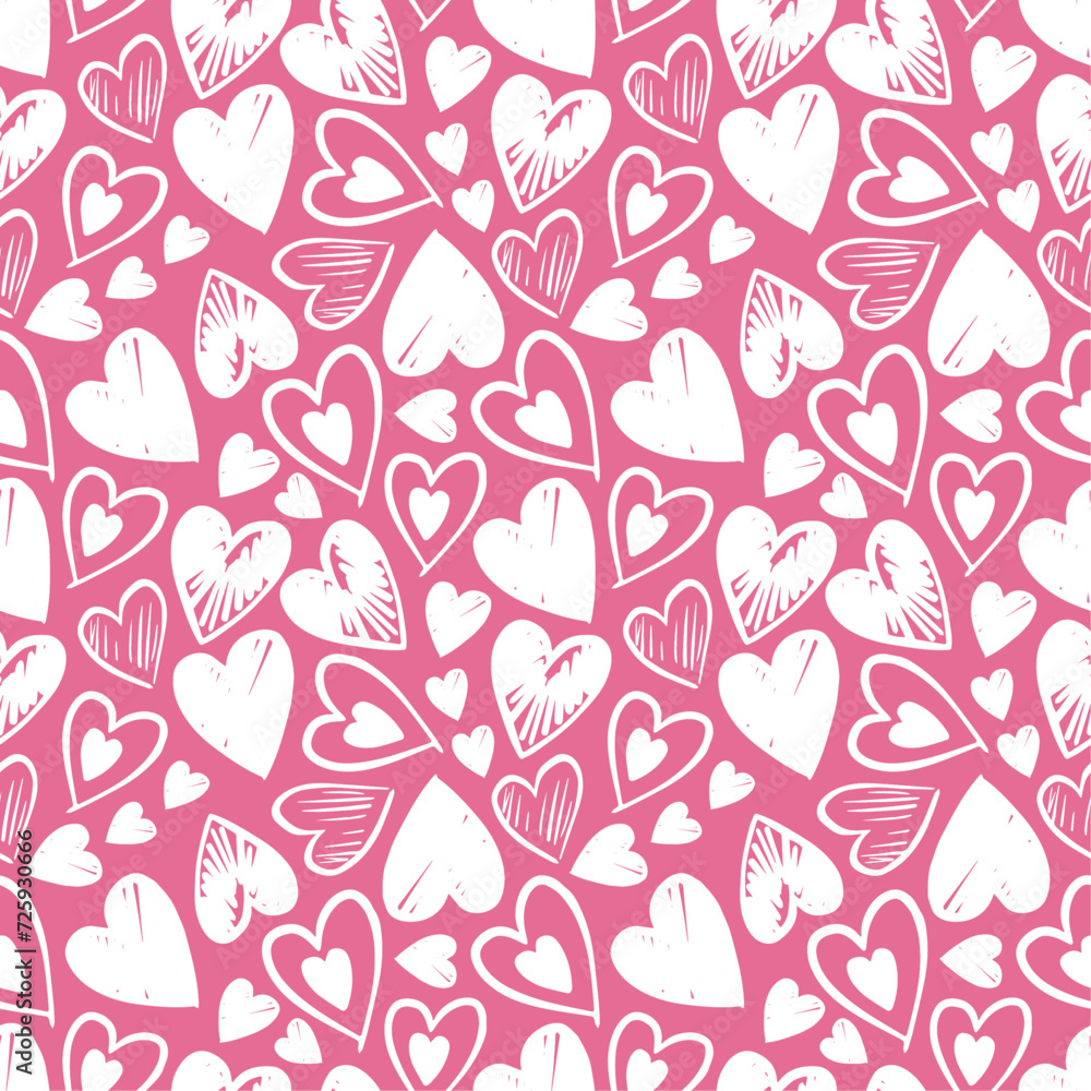 Vector pattern with hand drawn doodle hearts, cute design for Valentines day, wrapping paper, gifts, textile design, cards. Seamless pattern on pink background with white harts.