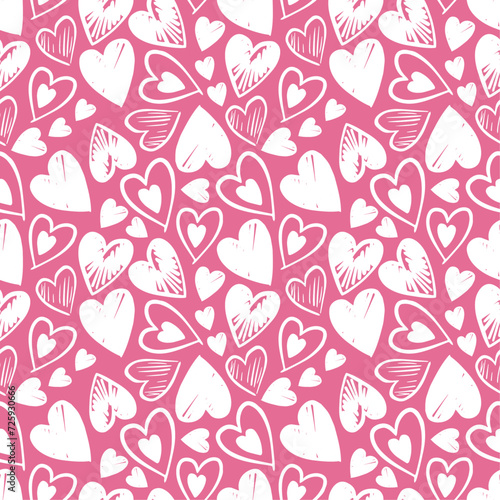 Vector pattern with hand drawn doodle hearts, cute design for Valentines day, wrapping paper, gifts, textile design, cards. Seamless pattern on pink background with white harts.