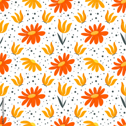 Vector seamless floral pattern with orange, yellow flowers and green dots on white background. Cute spring pattern for wrapping paper, gifts, banners, and cards.