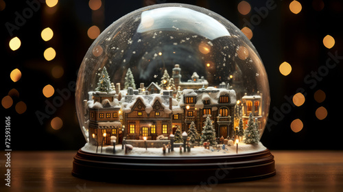 Intricate snow globe scene with a miniature town square
