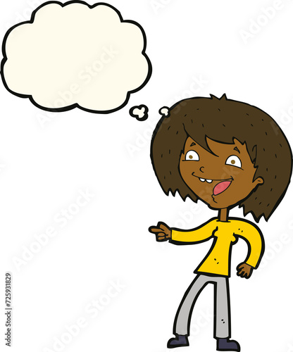 cartoon woman laughing and pointing with thought bubble