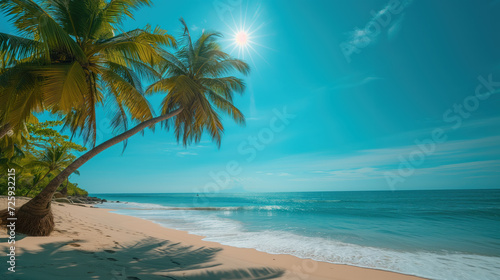 A serene view of a pristine sandy beach, adorned with lush palm trees under the clear blue sky, capturing the essence of a tropical paradise.