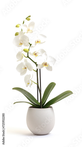 A pristine white orchid with lush green leaves  blossoming beautifully  housed in a stylish white vase against a clean  white background.