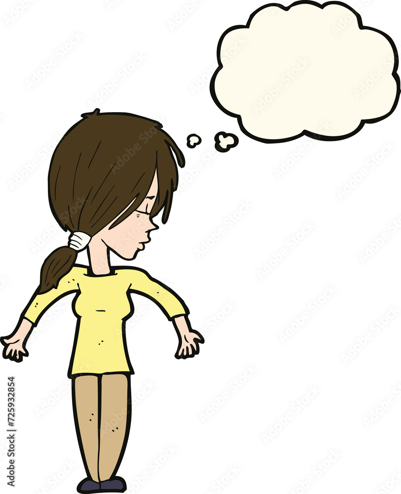 cartoon woman shrugging shoulders with thought bubble cartoon woman shrugging shoulders with thought bubble