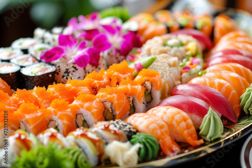 Sushi platter extravaganza, a lavish display featuring a colorful assortment of sushi and sashimi on a beautifully arranged platter.