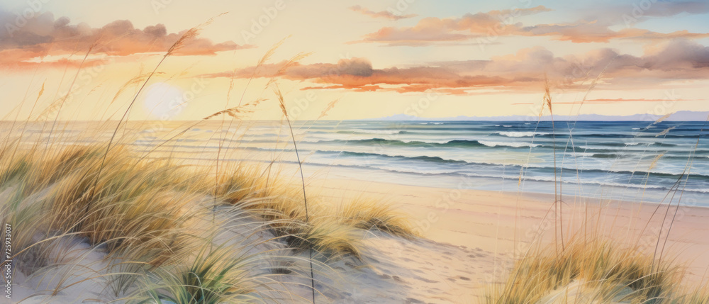 Obraz premium northern landscape with dune landscape and ocean, watercolor style