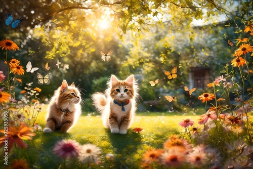 Fluffy Friends, Cats, Chase Joy in a Sunny Garden, Capturing the Magic of Butterfly Play.