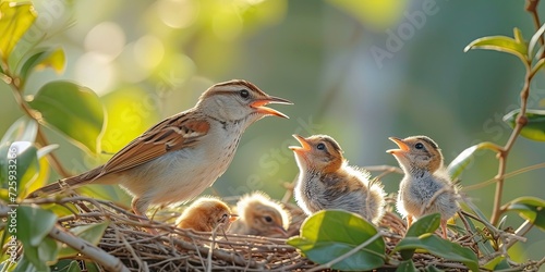 Tiny Cisticola Exilis Bird Feeds Chicks in Nest! Baby Birds Eagerly Waiting, Chirping for Mom's Care - Heartwarming Sight as Mother Cisticola Tenderly Nurtures - Soft Natural Light photo