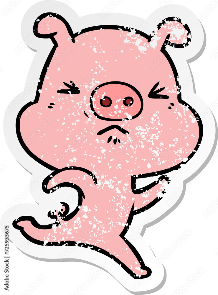 Fototapeta premium distressed sticker of a cartoon annoyed pig running