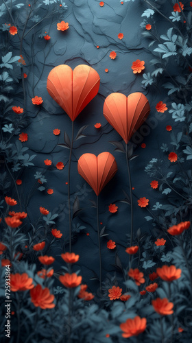 Red heart shaped confetti. AI generated art illustration. © Fire