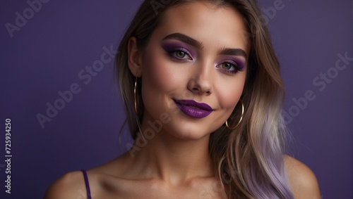 A beautiful young girl with purple makeup and brunette hair. Pleasant appearance. The concept of beauty, cosmetics, self-care. Lilac background.