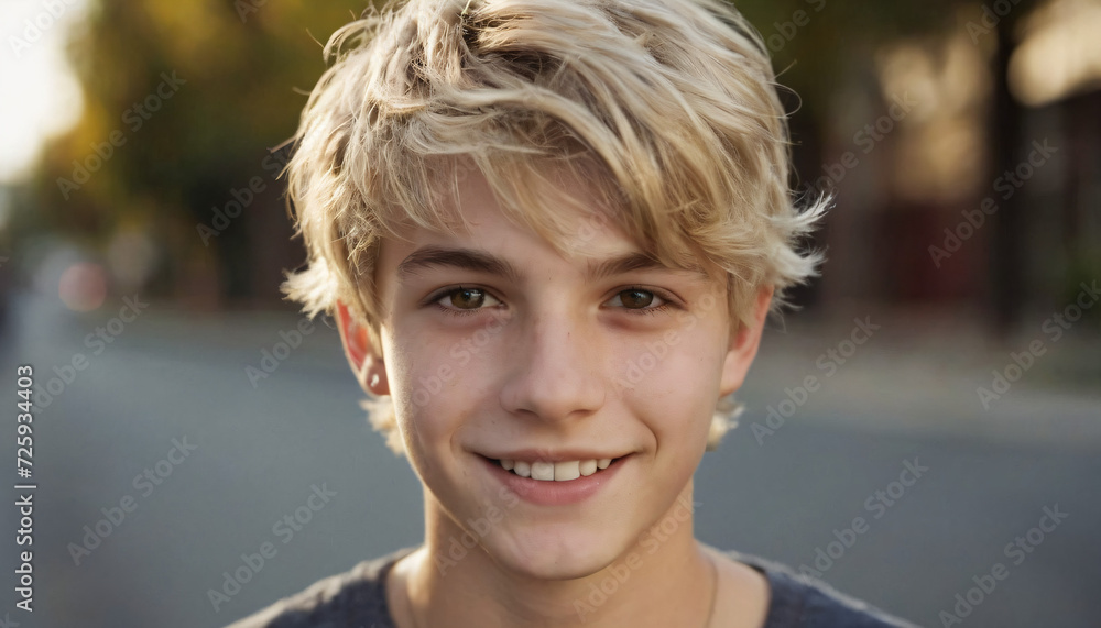 Young Blonde Man Smiling at Camera with Grey Eyes and Messy Hair Young Blonde Man Smiling at Camera with Grey Eyes and Messy Hair