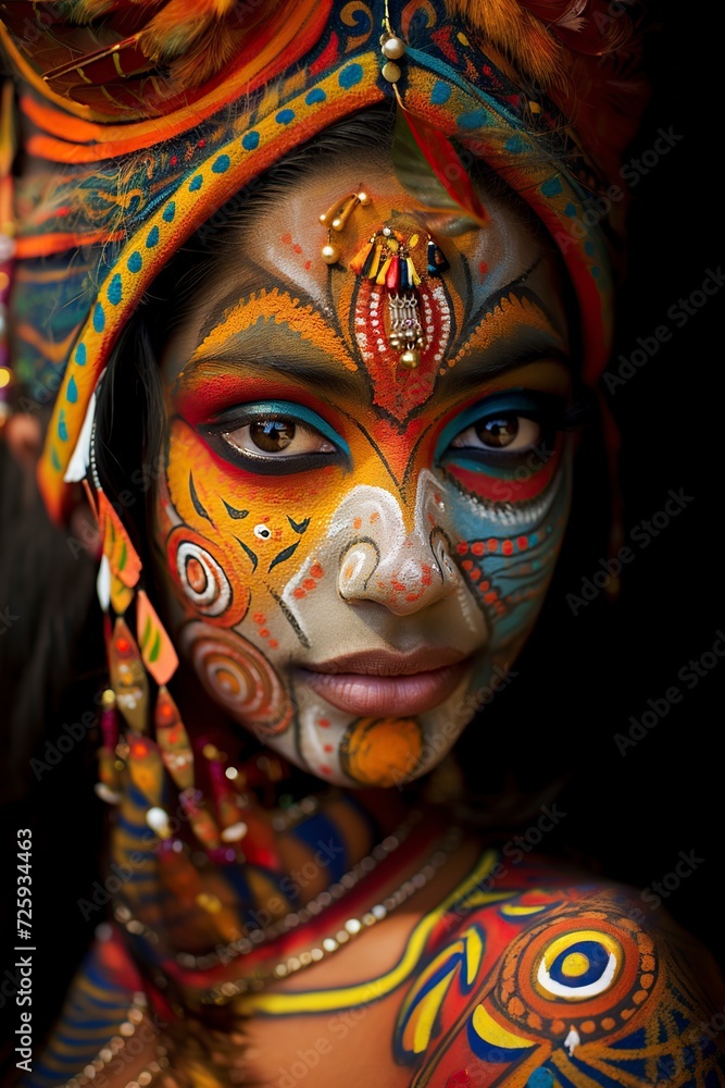 Fototapeta premium young model woman with artistic makeup and different accessories on her head