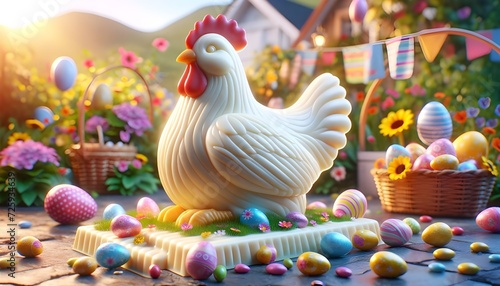 Pâques: poule et œufs en chocolat, décor festif et coloré. photo
