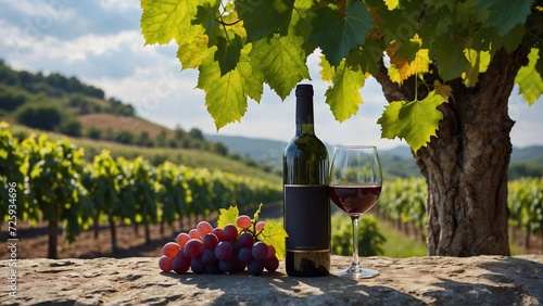 bottle of red wine in vineyard, wineglass and grapes on stone board, wine greenbackground photo