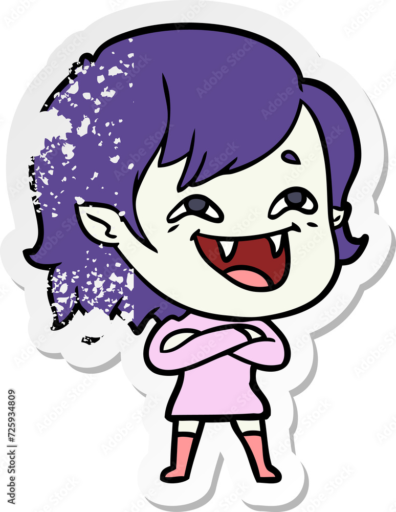 distressed sticker of a cartoon laughing vampire girl distressed sticker of a cartoon laughing vampire girl