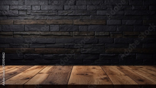 wooden table on dark brick wall background  copy space  product placement stand  perfect for advertising banner