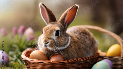 Close up of adorable easter bunny looking at the camera and wicker basket with easter eggs in the middle of nature, beautiful golden hour sunlight, banner with copy space for text. © Eduardo Accorinti
