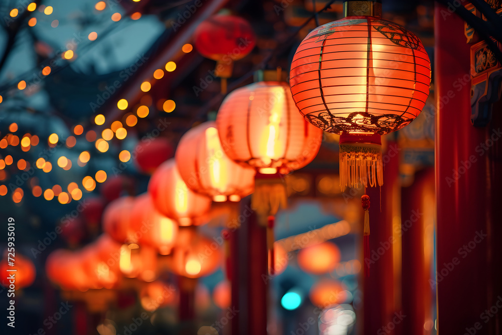 Nighttime Festive Display of Colorful Chinese Lanterns Hanging in a Park – a Celebration of Chinese New Year Culture and Holiday Cheer