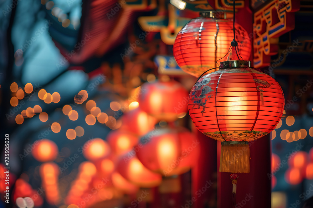 Nighttime Festive Display of Colorful Chinese Lanterns Hanging in a Park – a Celebration of Chinese New Year Culture and Holiday Cheer