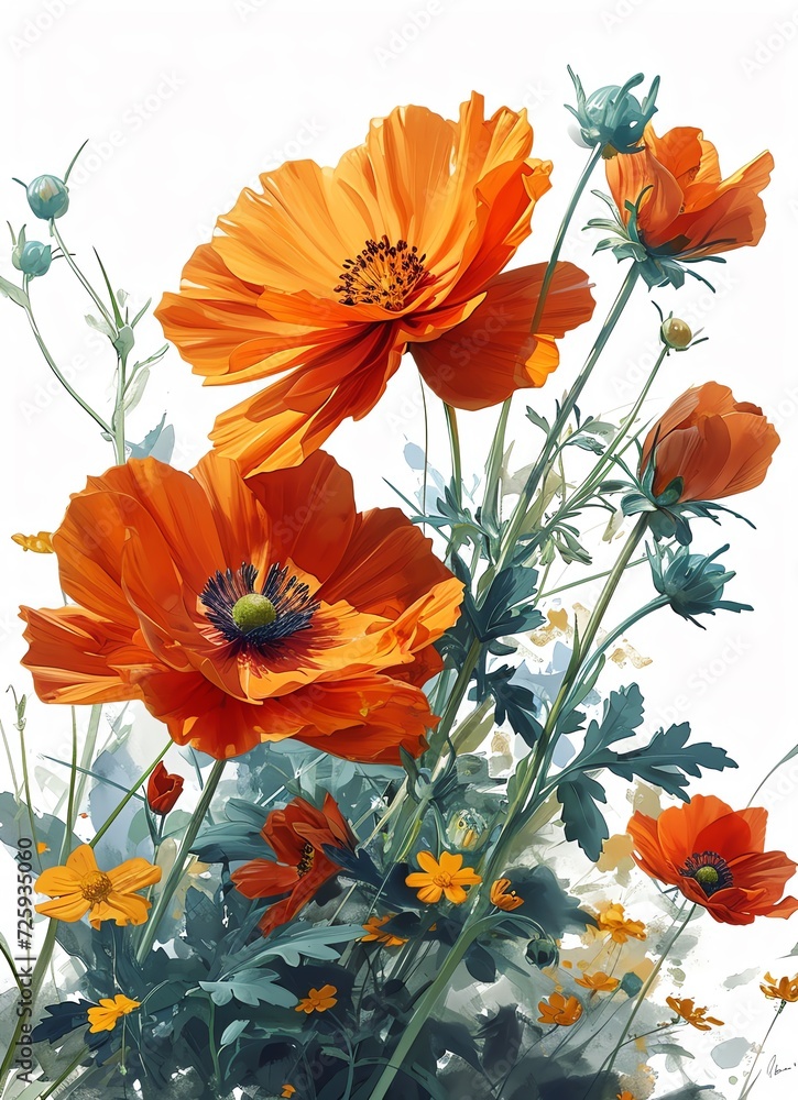 Illustrative Orange Flowers on White Background