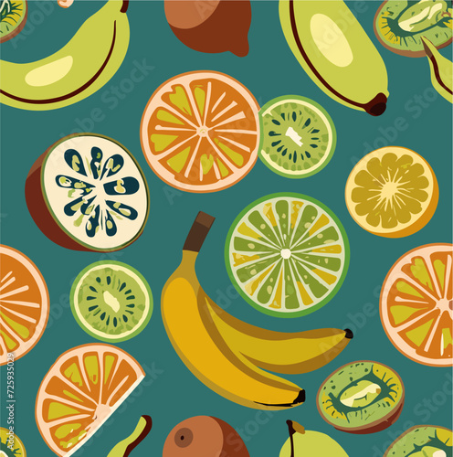 Vector bright summer pattern with tropical  fruits lemons  bananas  kiwis  oranges on  blue background. Fashion ornament for fabric  paper   textiles  notepad   women clothing  card  packaging.