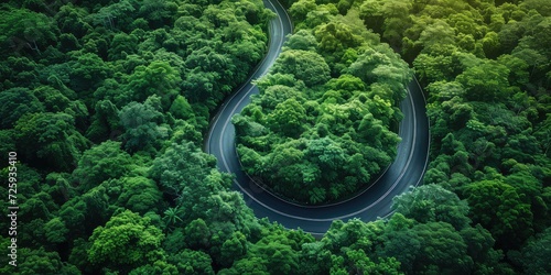 Car Navigates Winding Road Through Lush Canopy of Forest! Top View, Vehicle's Path Weaves Through Green Landscape Like Thread - Soft Natural Light