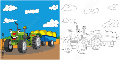 Cute smiling Tractor coloring page for kids 