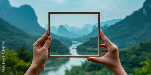 Nature Landscape Frames View  Hand Delicately Holds Imaginary Frame  Scene Captures Beauty of Mountains  Rivers  and Skies - Soft Natural Light 