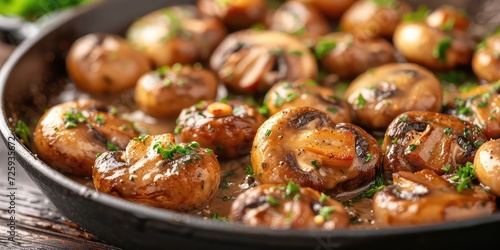Plump, Golden Fried Mushrooms Sizzling in Pan! Bathed in Magnificent Creamy Sauce - Irresistible Aroma and Visual Feast Promise Delight - Soft Natural Light