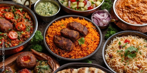Delicious Array of Pakistani Dishes Unfolds on Vibrant Table! From Aromatic Biryani to Flavorful Kebabs - Visual Feast Captures Richness of Pakistani Cuisine - Soft Natural Light © SurfacePatterns