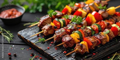 Black Wood Background Serves as Canvas for Delectable Spread of Barbecue Delicacies! From Succulent Grilled Meats to Colorful Skewers - Soft Natural Light