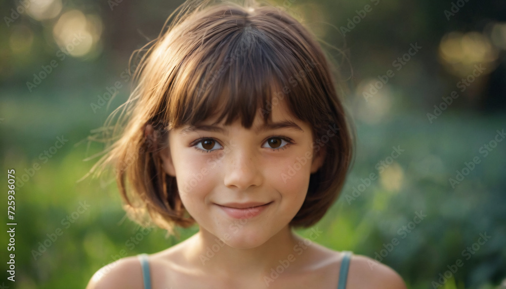 Young Brunette Girl with Bobbed Hair and Radiant Smile, Soft Light Portrait Young Brunette Girl with Bobbed Hair and Radiant Smile, Soft Light Portrait