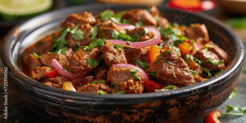 Indian Warm Salad Graces Table! Delightful Combination of Succulent Beef and Tender Chicken - Bursting with Vibrant Spices and Aromatic Herbs - Soft Natural Light