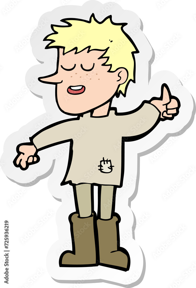 sticker of a cartoon poor boy with positive attitude