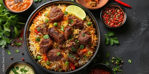 High Angle, Behold Delicious Pakistani Dish, Culinary Masterpiece! Vibrant Colors of Aromatic Biryani, Succulent Kebabs, and Assorted Spices - Feast for Eyes - Soft Natural Light