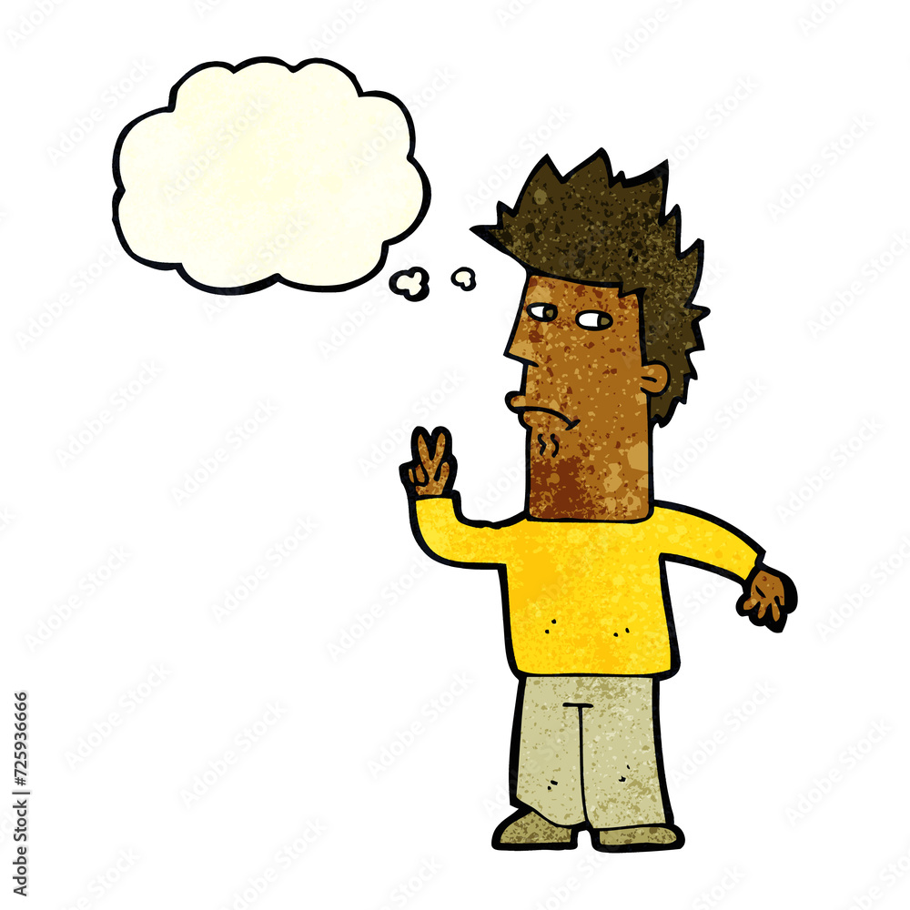 Fototapeta premium cartoon man giving peace sign with thought bubble