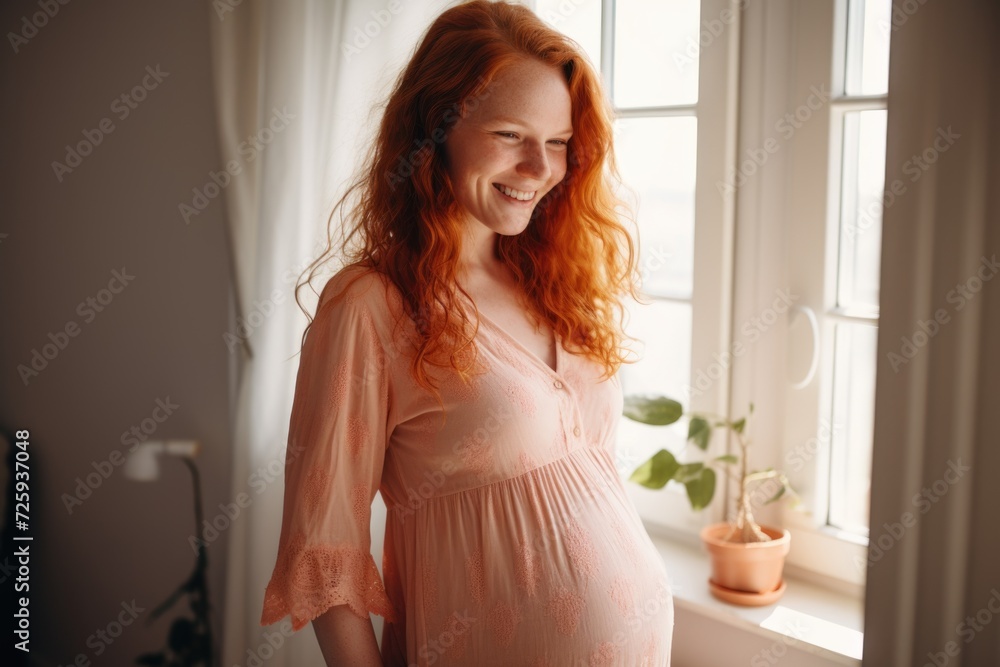 Smiling portrait of a young pregnant woman at home