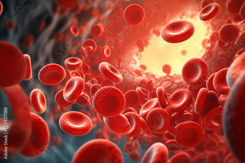 Abstract background of artery inside red blood hemoglobin molecule. Major blood cells erythrocytes.