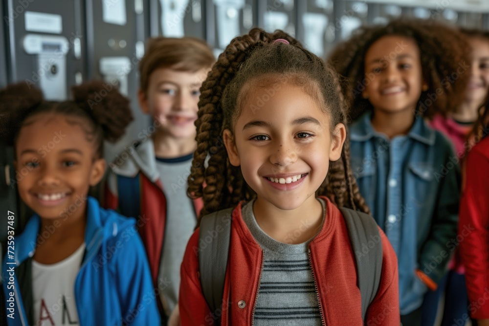 Smiling portrait of a diverse group of elementary school students at school