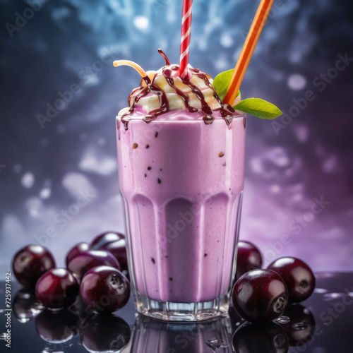 Delicious chokeberry milkshake with a straw