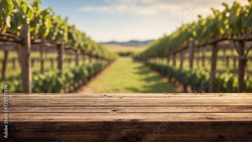 wooden table top on a vineyard background, copy space for product placement or advertising text photo