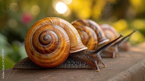 Snail crawling on wooden table with bokeh background, closeup. Eco-farm of grape snails. Delicacies and unusual dishes.