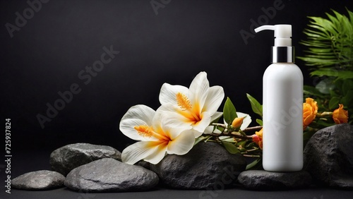 plastic white blank cosmetic product bottle with dispenser with tropical flowers on the black background, copy space, product advertising banner, template mockup for packaging