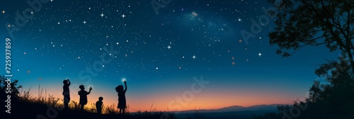 Gradients and color transitions creating a banner of a summer night sky, with detailed, realistic silhouettes of people stargazing. © EOL STUDIOS
