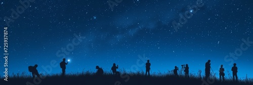 Gradients and color transitions creating a banner of a summer night sky, with detailed, realistic silhouettes of people stargazing. photo