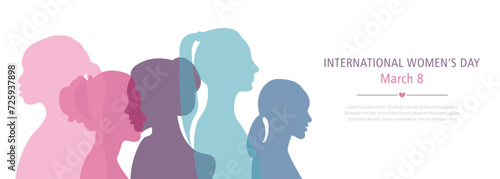 International Women's Day Banner. Silhouettes of women of different nationalities standing side by side.Vector illustration. photo