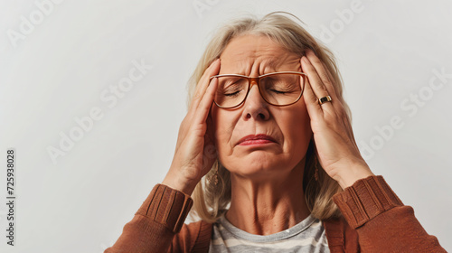 Senior woman with a migraine headache isolated on white.